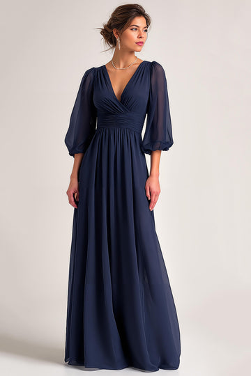 Navy A-Line V-Neck Maxi Wedding Guest Dress With 3/4 Sleeves